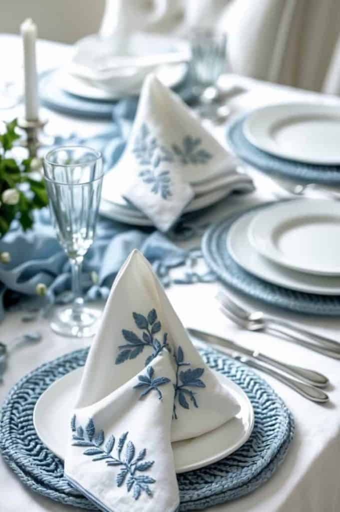 Elegant table with embroidered white napkins and blue placemats on soft blue linens