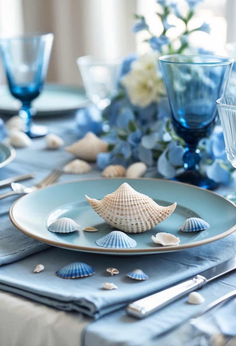 A dusty blue table setting decorated with small blue and white seashells scattered across the surface.