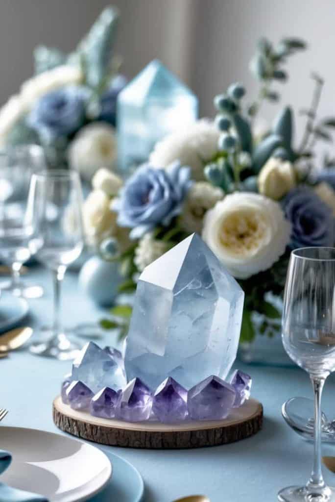 Crystal centerpiece surrounded by dusty blue flowers and elegant white roses on wedding table