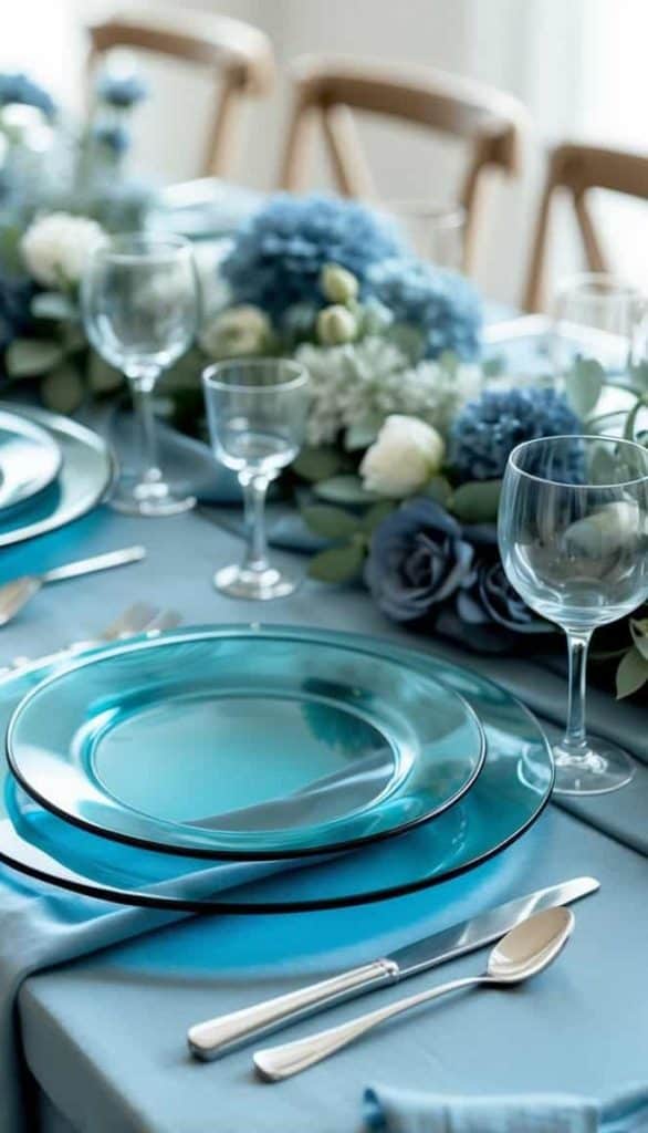Modern coastal tablescape with blue glass plates, white florals, and greenery garland