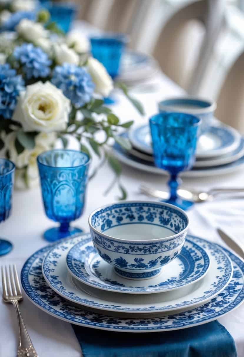 A wedding table set with blue and white porcelain plates, bowls, cups, blue glassware, silver cutlery, and white flower centerpieces on a white tablecloth.