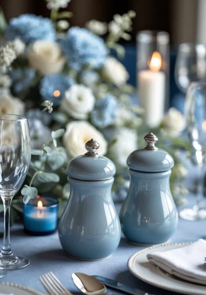 A formal table setting featuring blue salt and pepper shakers, white and blue floral arrangements, candles, glassware, and neatly arranged plates and cutlery.