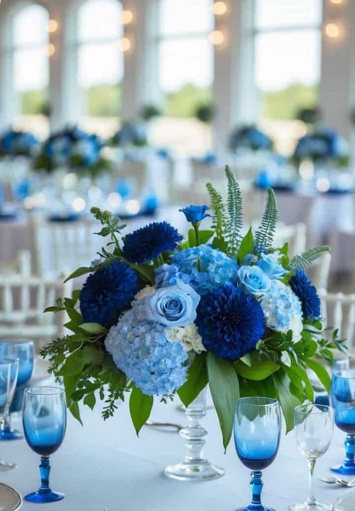 A banquet table is set with blue glassware, white plates, blue napkins, and a centerpiece of blue and white flowers in a sunlit room.