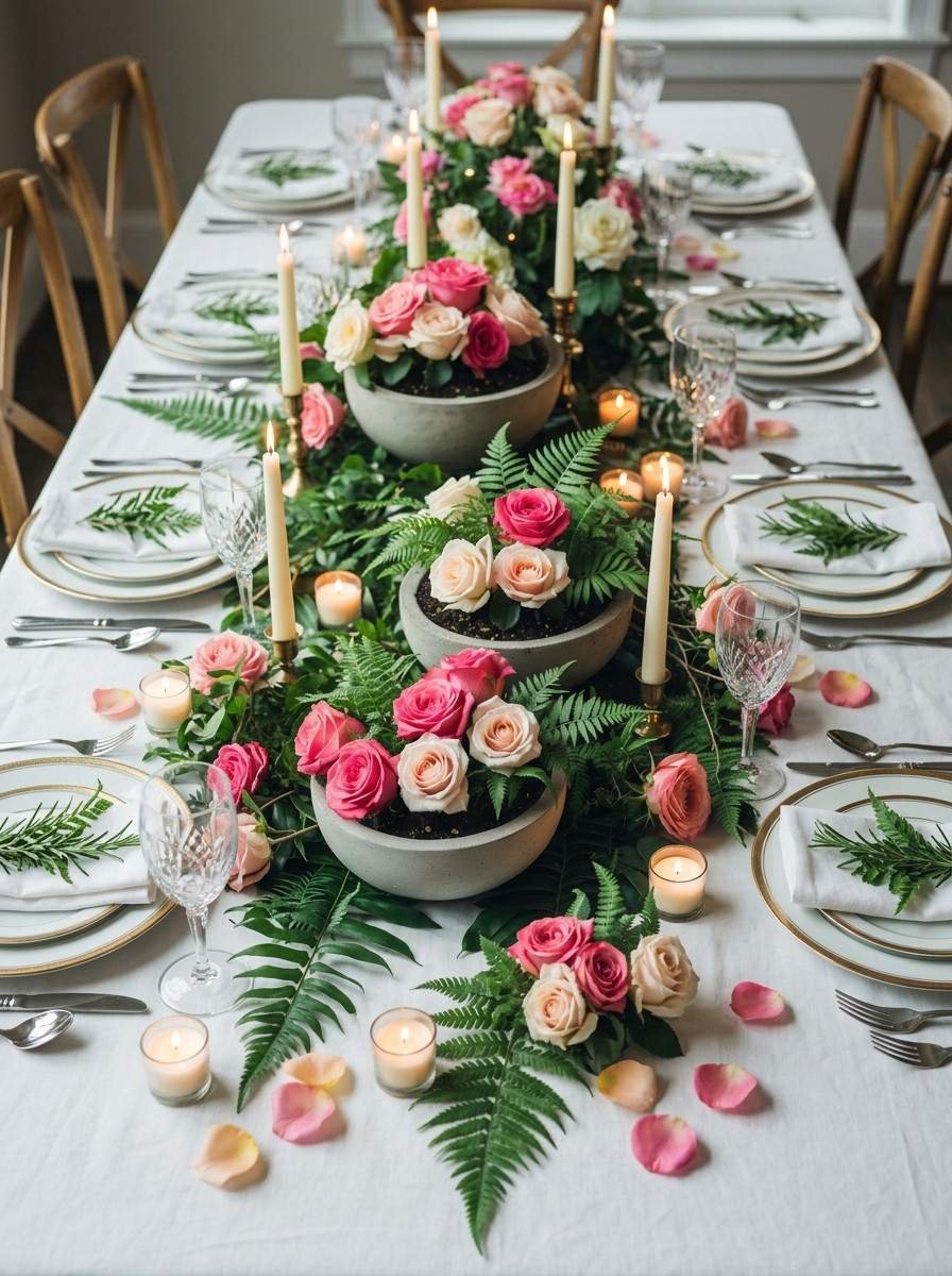A formal dining table is set with crystal glassware, white plates, gold cutlery, and decorated with candles, fern leaves, and bowls of pink and white roses on a white tablecloth.