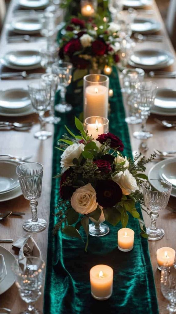 A formal dining table set with white plates, glassware, lit candles, and floral centerpieces on a green velvet table runner.