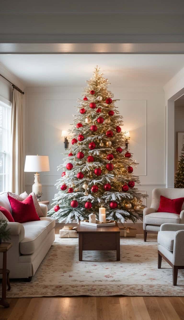 A large Christmas tree decorated with red ornaments stands in a bright living room with neutral furniture, red accent pillows, and a patterned rug.