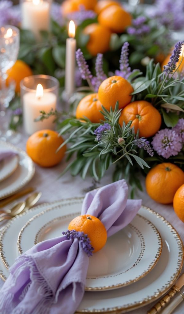 A table set with gold-rimmed plates, lavender napkins, candles, and a centerpiece of oranges and purple flowers.