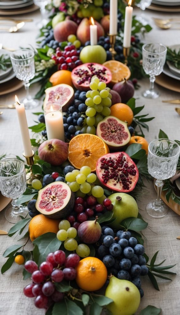 A dining table set with plates, crystal glasses, gold cutlery, candles, and a centerpiece of assorted fresh fruits and greenery.