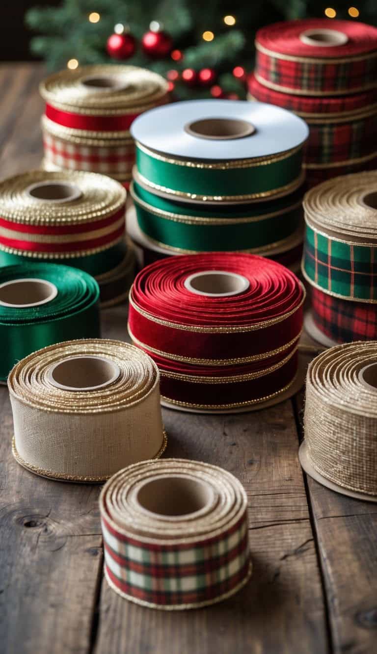 Multiple rolls of ribbon in red, green, gold, plaid, and cream colors are arranged on a wooden table, with blurred Christmas tree lights in the background.