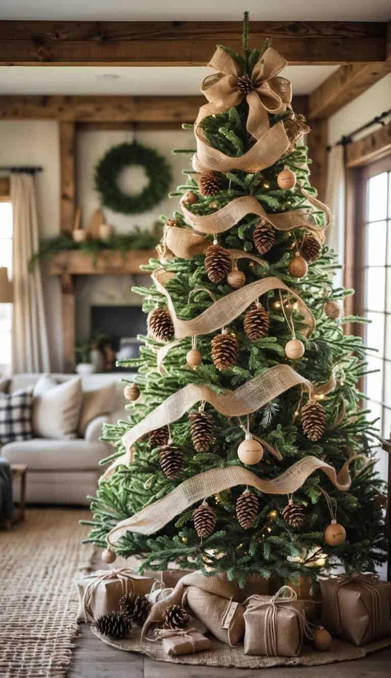 A decorated Christmas tree with burlap ribbon, pinecones, and wooden ornaments stands in a cozy living room with wrapped gifts underneath.