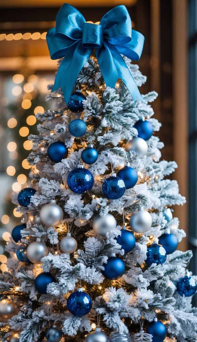 A snow-frosted Christmas tree decorated with blue and silver ornaments, white lights, and topped with a large blue bow.