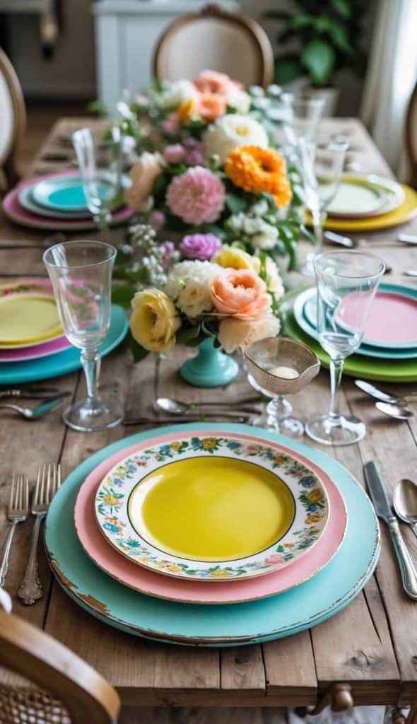 A wooden dining table set with colorful plates, floral-patterned dishes, glassware, and a centerpiece of assorted fresh flowers.