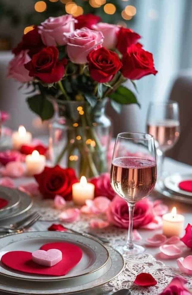 A romantic table setting with plates, red heart-shaped napkins, wine glasses, candles, rose petals, and a vase of red and pink roses.