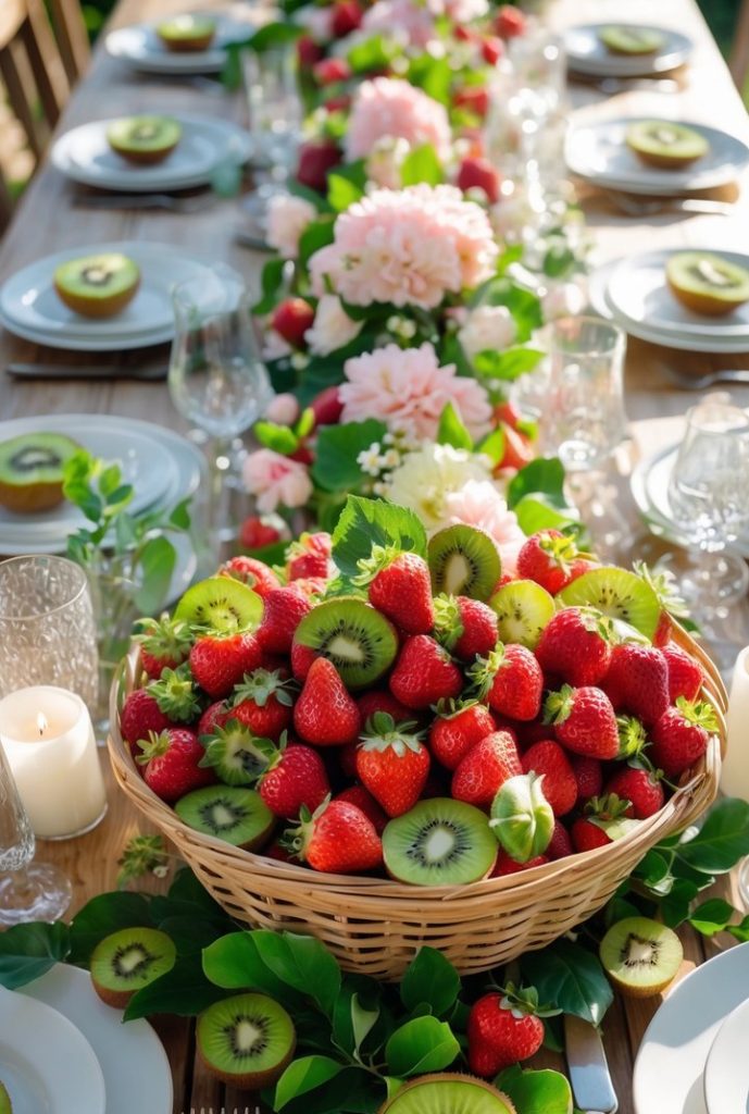 A long dining table set outdoors with white plates, glassware, candles, flowers, and a basket filled with strawberries and sliced kiwis as the centerpiece.