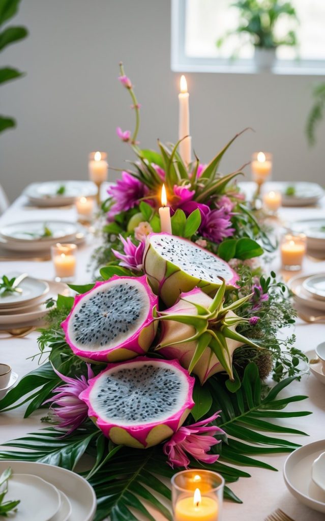 A dining table set with plates and candles, featuring a centerpiece of sliced dragon fruit, green leaves, and pink flowers.