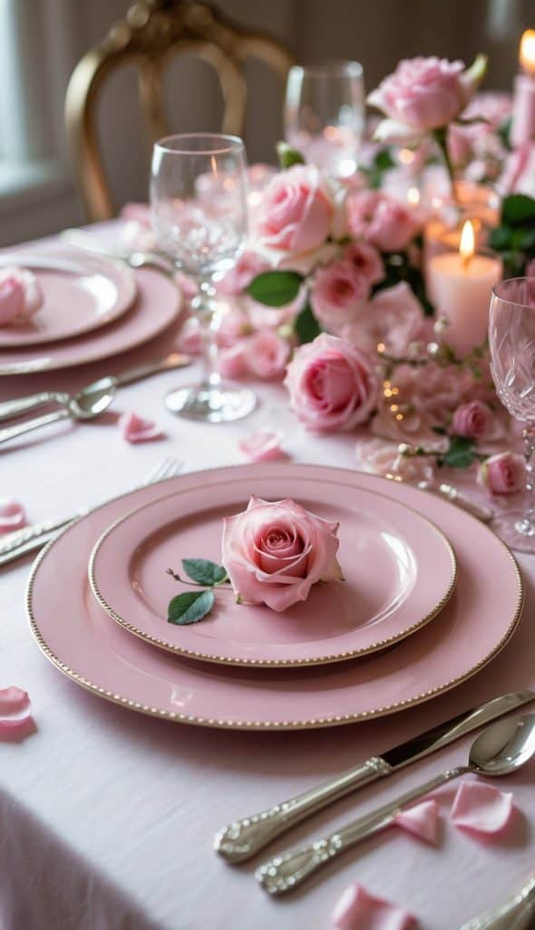 A formal table setting with pink plates, silver cutlery, and glasses, decorated with pink roses, rose petals, and lit candles on a white tablecloth.