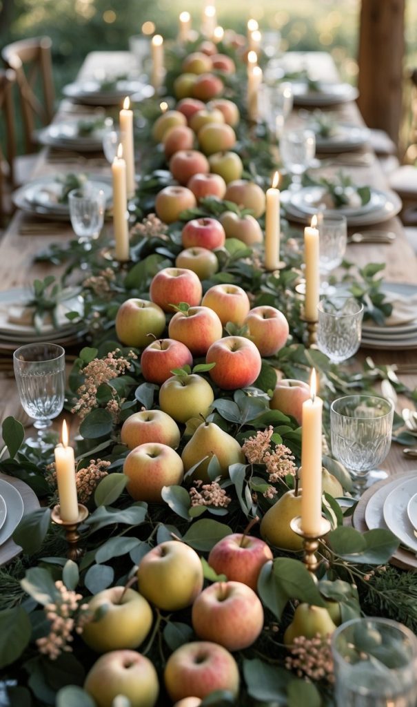 A long wooden table set for a meal, decorated with apples, greenery, flowers, and lit candles as a centerpiece. Plates, glasses, and cutlery are arranged neatly along both sides.