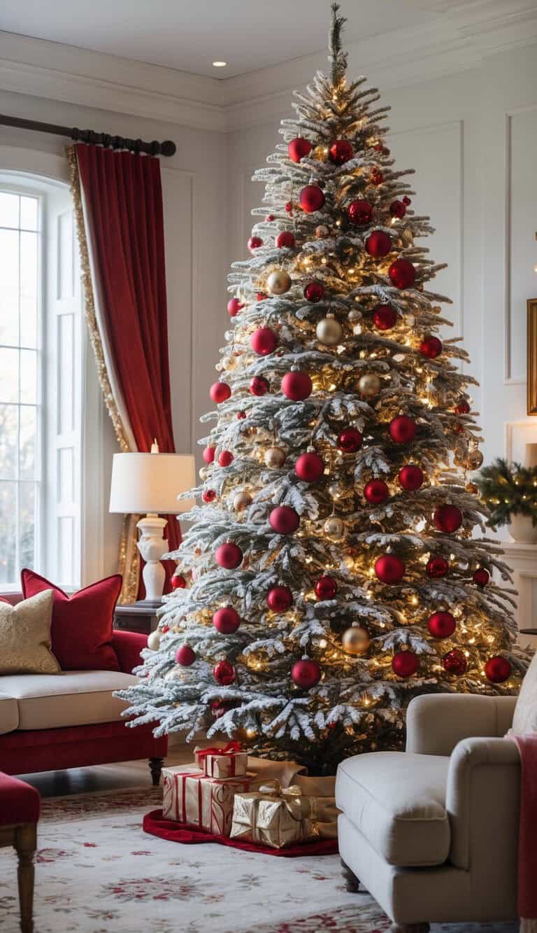 A decorated Christmas tree with red and gold ornaments and lights stands in a living room with wrapped presents underneath.