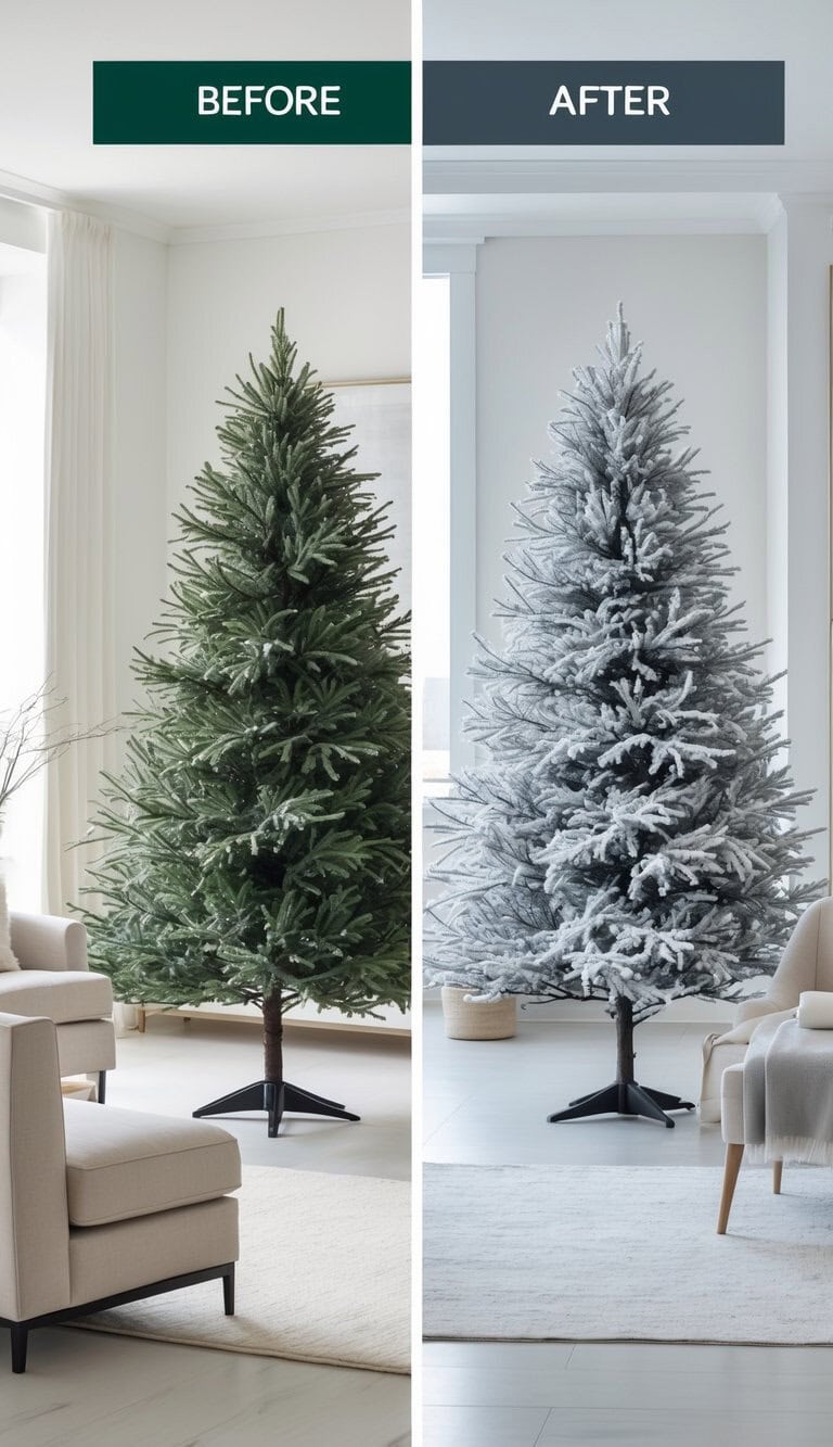 Split image showing a Christmas tree before and after flocking; left side is a plain green tree, right side has white flocking to resemble snow.