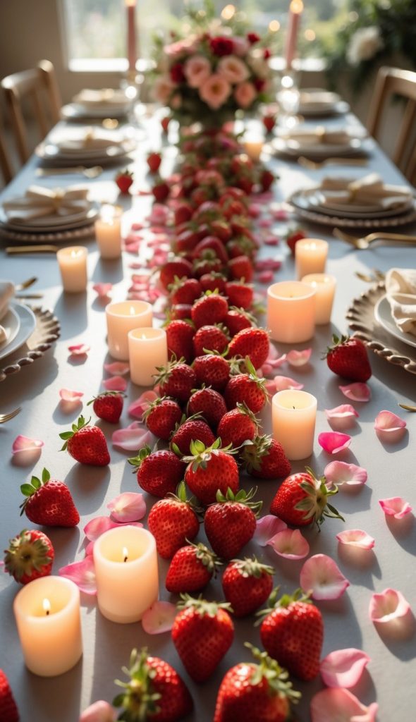 A dining table decorated with rows of fresh strawberries, scattered pink rose petals, and lit white candles, with plates and napkins set for a meal.