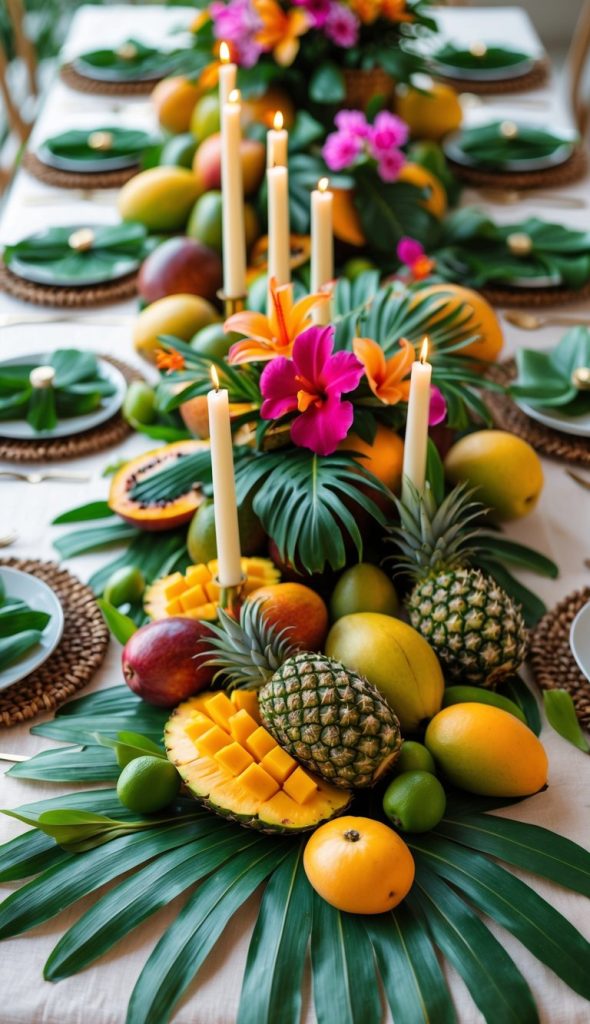 Long dining table decorated with tropical fruits, pineapples, mangoes, green leaves, lit candles, and pink flowers arranged as a centerpiece, with place settings on either side.