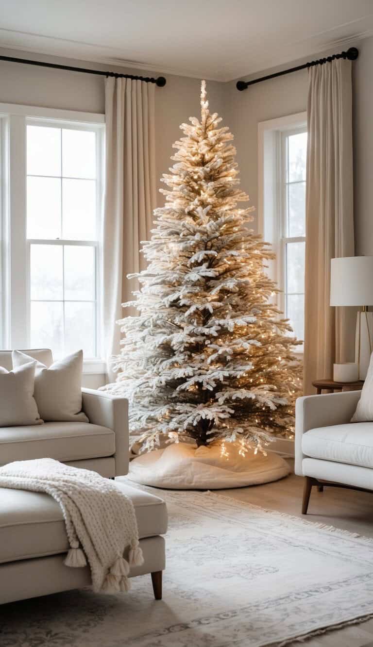 A snow-frosted Christmas tree decorated with white lights stands in a bright, neutral-toned living room with sofas, curtains, and a floor lamp.