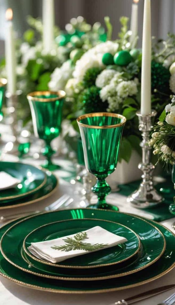 Elegant table setting with green and gold-rimmed plates and glasses, white napkins with leaf design, white flowers, and lit white candles in silver holders.