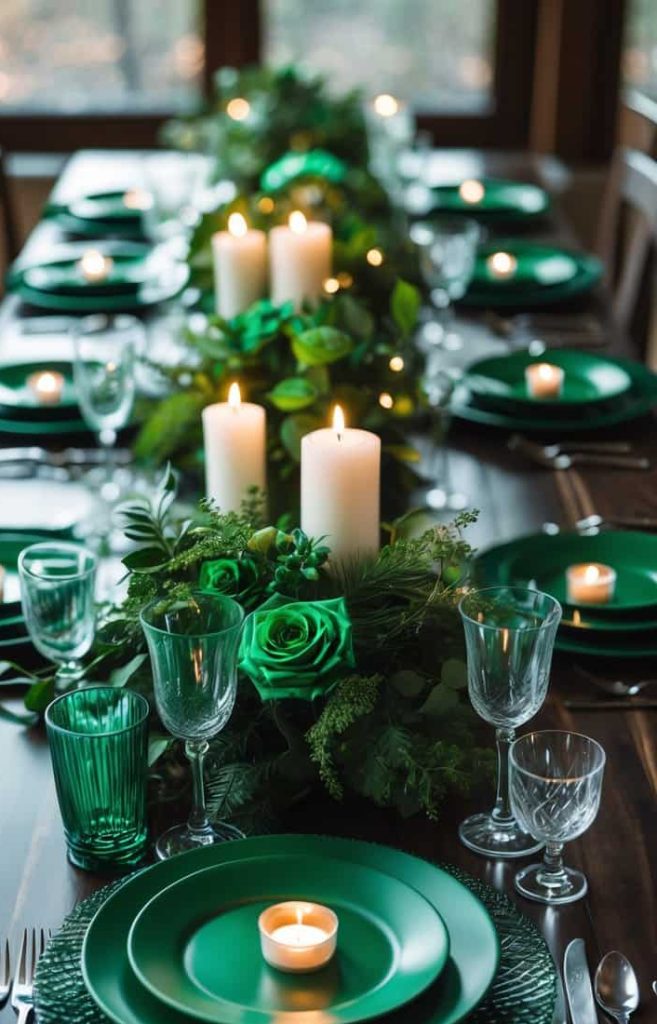 A dining table set with green plates, glassware, silver cutlery, green napkins, white candles, and a green floral centerpiece.