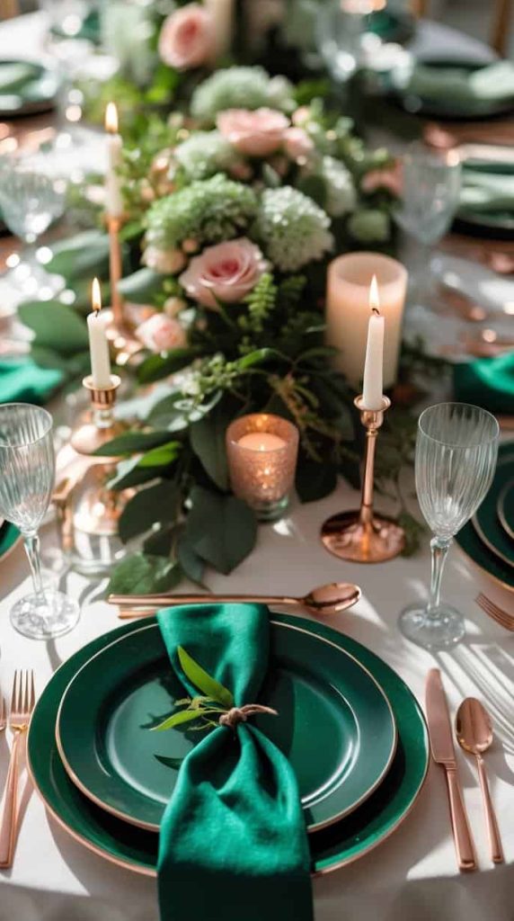 Elegant table setting with green plates, gold cutlery, green napkins, candles, glassware, and a floral centerpiece featuring pink and white flowers.