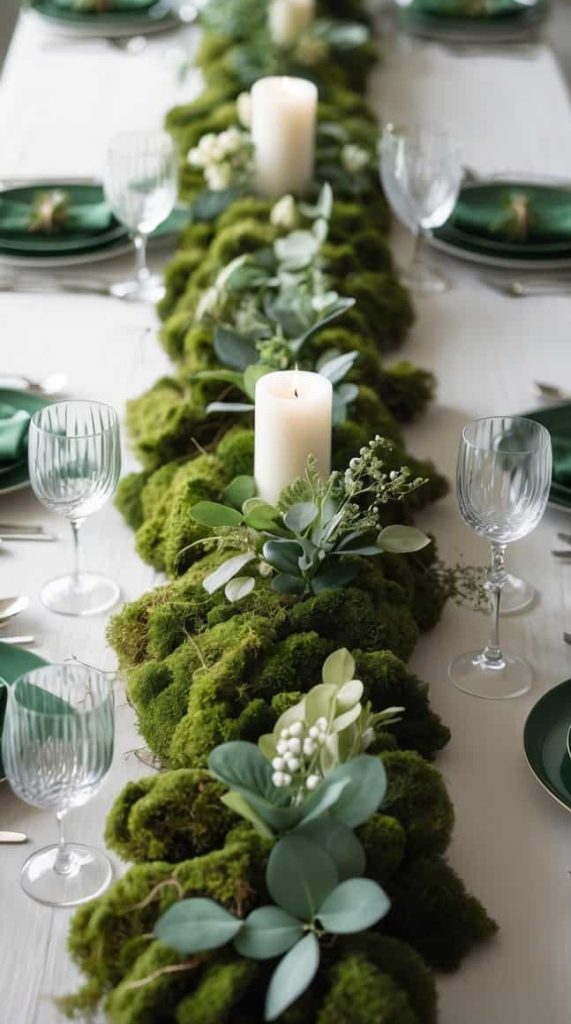 A white dining table set with green plates, glassware, silver utensils, and a centerpiece of moss, greenery, and white candles.