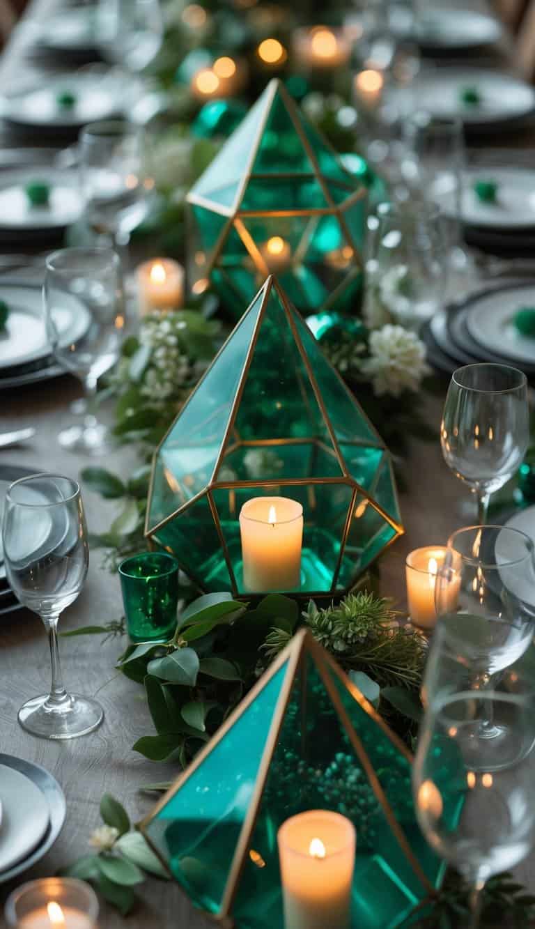 A dining table set with plates, glasses, cutlery, emerald green geometric glass terrariums, candles, and floral arrangements under natural light.