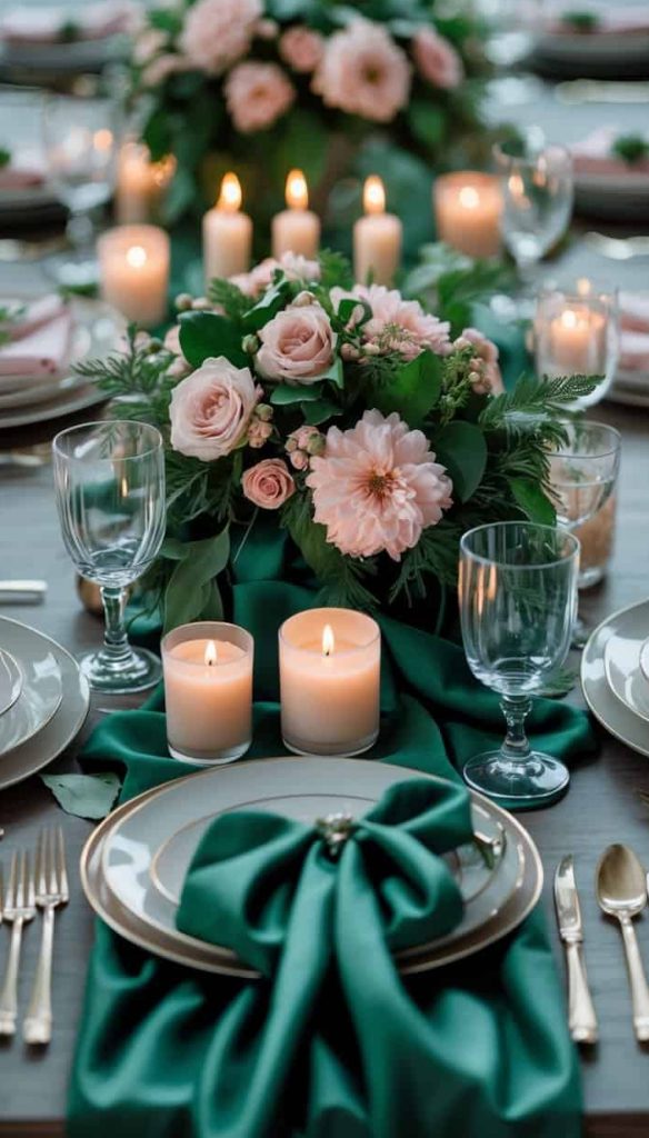 Elegant dinner table set with white plates, gold cutlery, green napkins, lit candles, and pink floral centerpieces arranged along the center.