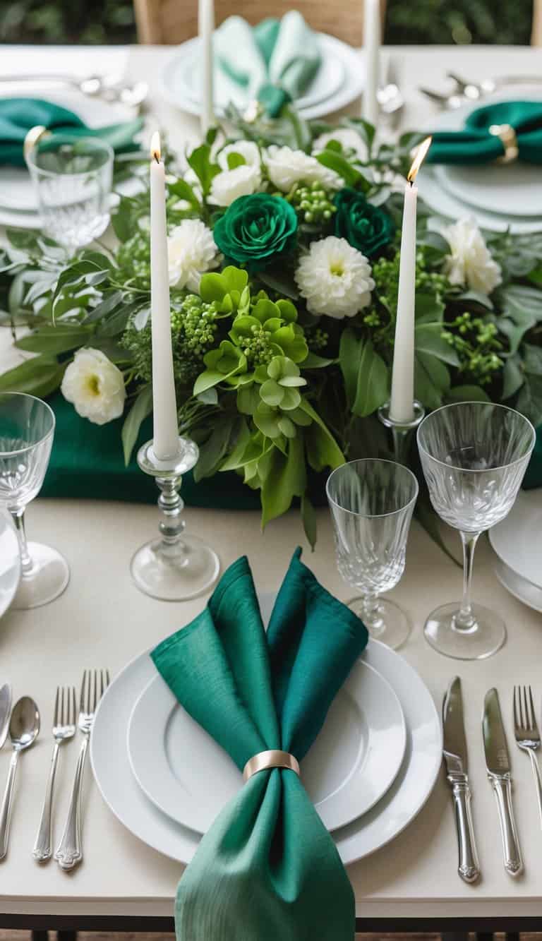 A dining table set with emerald green ombre napkins, white plates, glassware, cutlery, floral centerpiece, and candles.