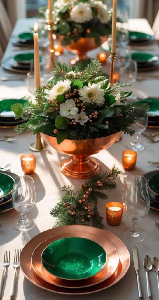 Elegant dining table set with green and copper plates, gold cutlery, candles, and floral centerpieces with greenery and white flowers.