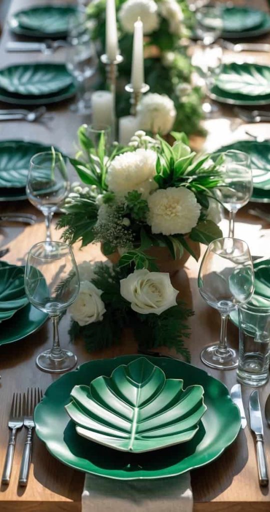 A wooden dining table set with green leaf-shaped plates, glassware, cutlery, and white floral centerpieces with candles.