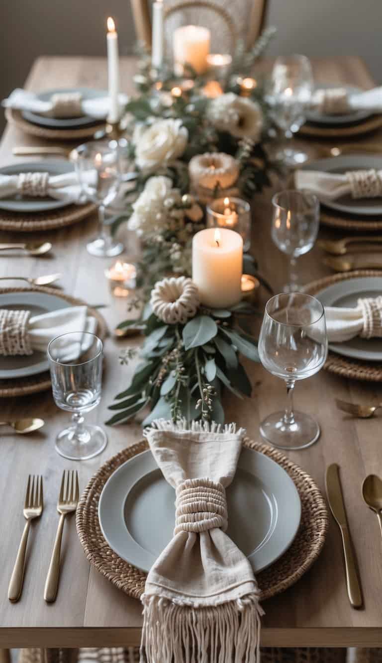 A dining table set with plates, glasses, cutlery, macramé napkin rings, floral centerpieces, and candles under natural light.