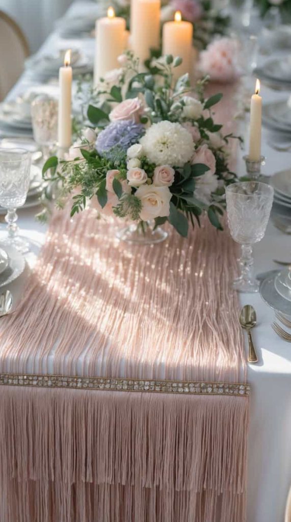 Elegant dining table set with white plates, crystal glasses, gold cutlery, floral centerpieces, lit candles, and a blush pink fringed table runner.