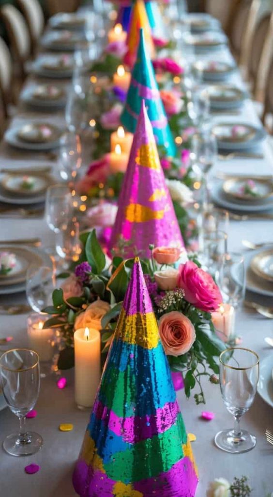 A long table set for a party with colorful cone hats, floral centerpieces, candles, glassware, and plates arranged neatly.