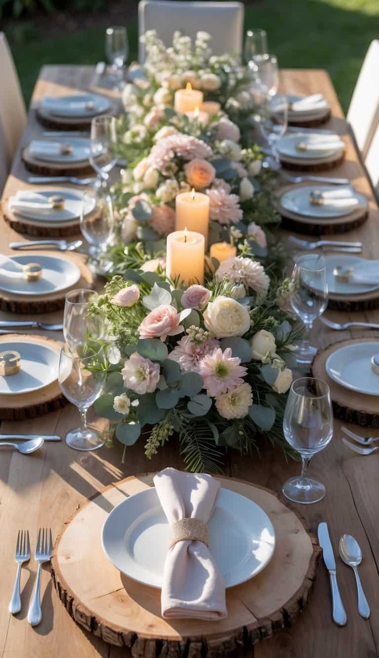 A dining table set for a birthday with natural wood chargers, white plates, glasses, cutlery, floral centerpieces, and lit candles.