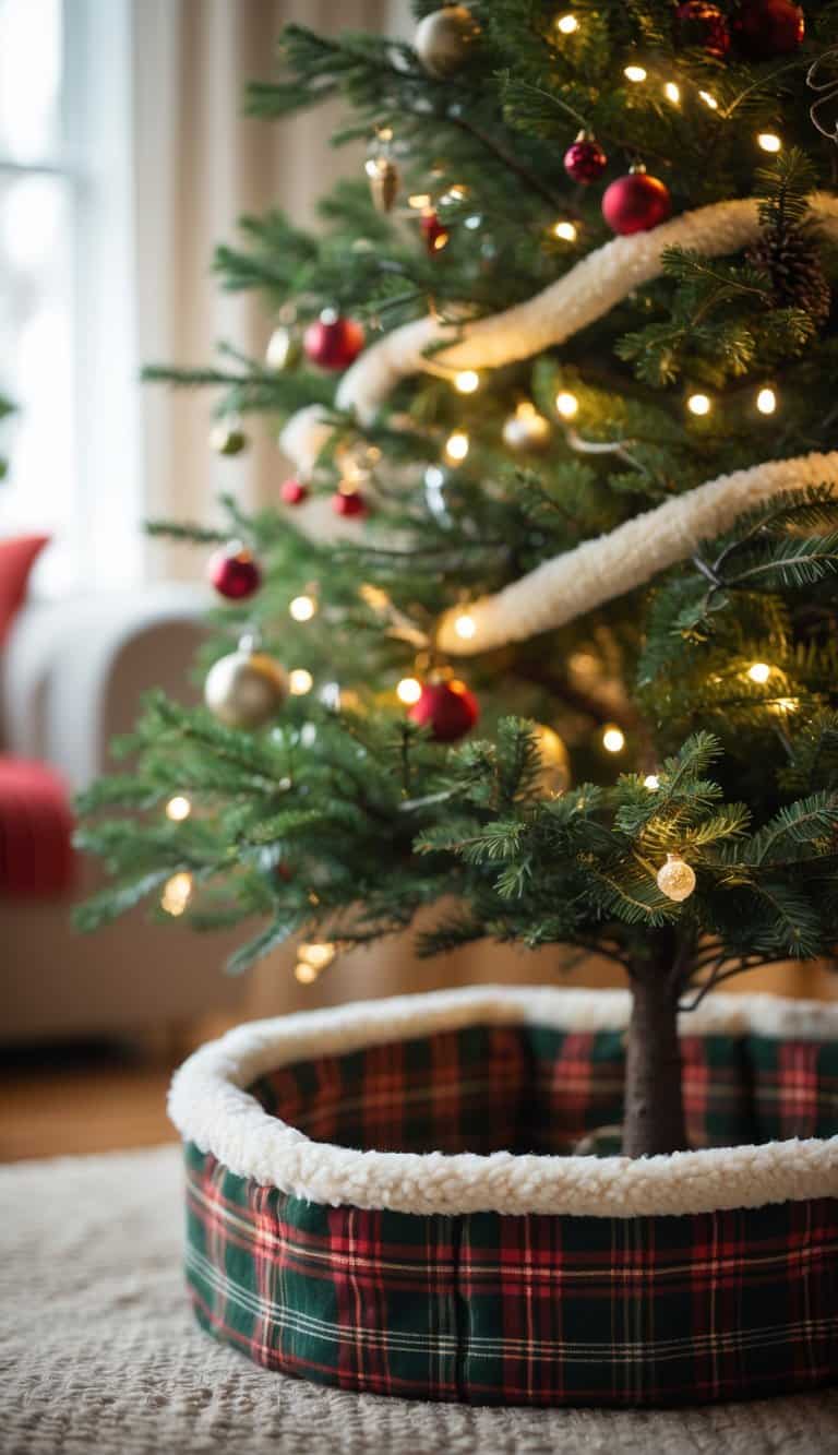 A decorated Christmas tree with a red and green plaid fleece collar around its base in a cozy room.