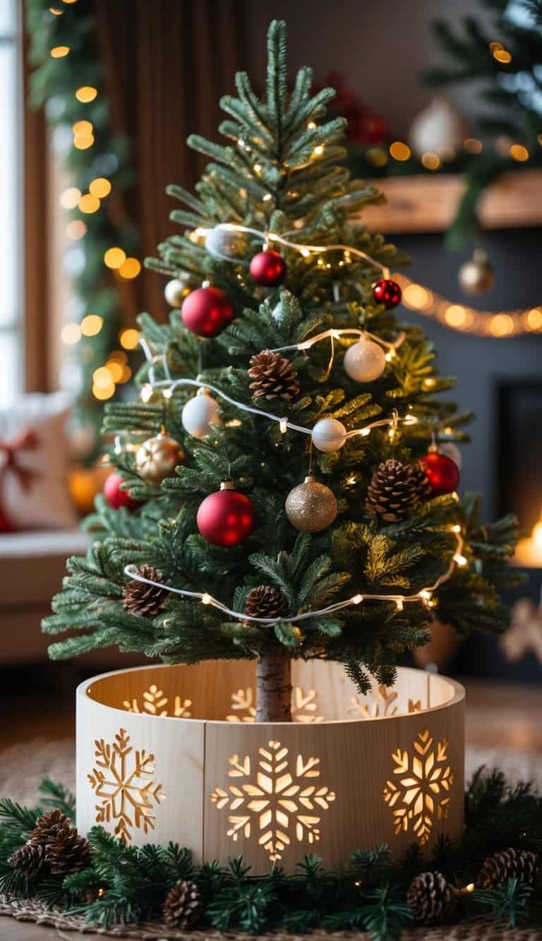 A decorated Christmas tree with a wooden tree collar featuring snowflake cutouts around its base.