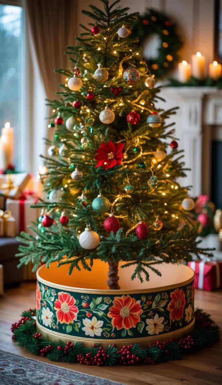 A decorated Christmas tree with a colorful floral collar at its base in a cozy living room with holiday decorations.