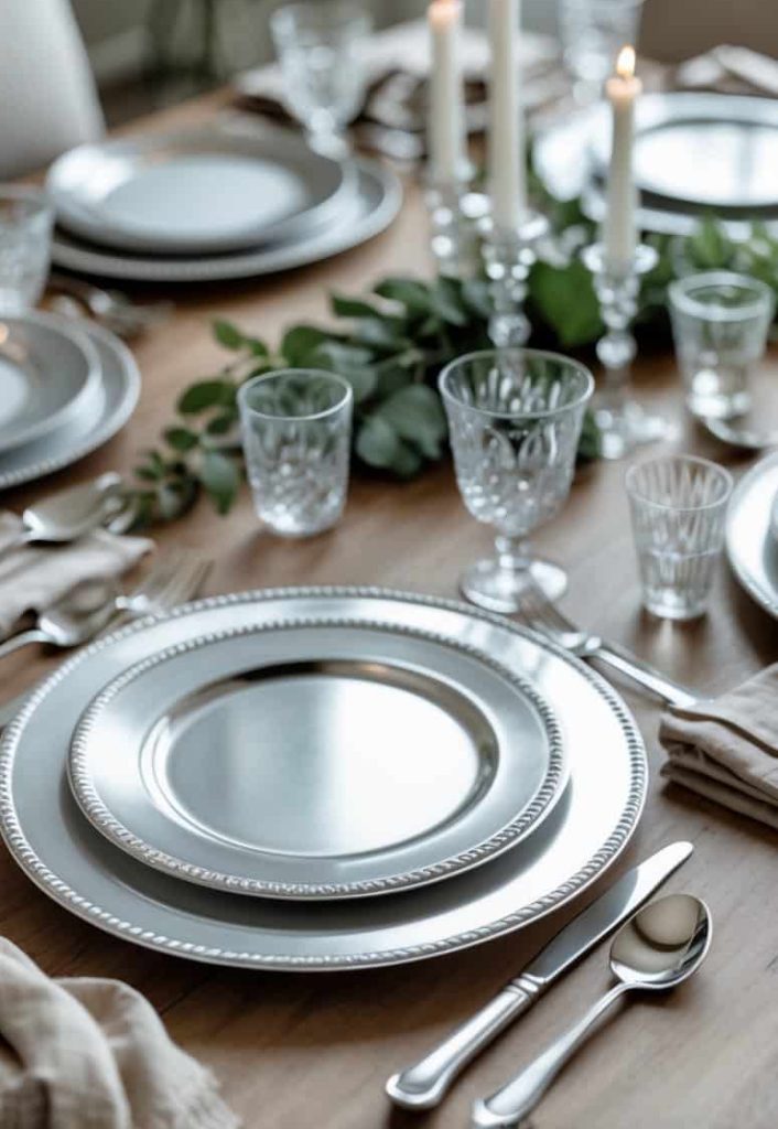 A formal table setting with silver plates, crystal glasses, cutlery, beige napkins, and lit candles, decorated with green foliage on a wooden table.