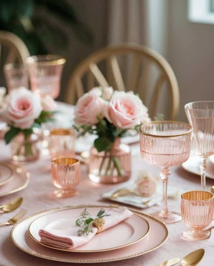 Elegant table setting with pink and gold plates, glasses, cutlery, and napkins, decorated with pink rose centerpieces on a light pink tablecloth.