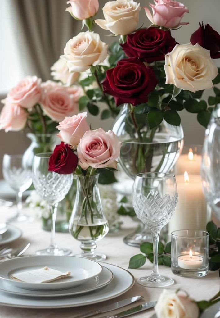 Elegant dining table set with crystal glassware, white plates, silver cutlery, and vases of red, pink, and cream roses, alongside lit candles.