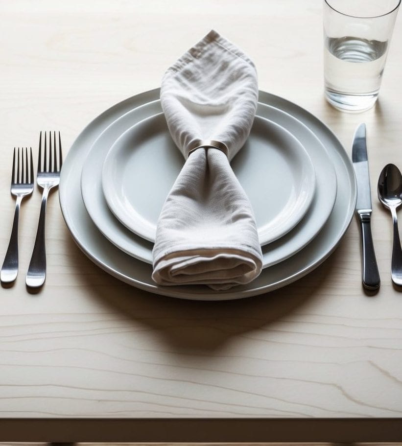A neatly set dining table with stacked white plates, a folded napkin, silverware on both sides, and a glass of water.