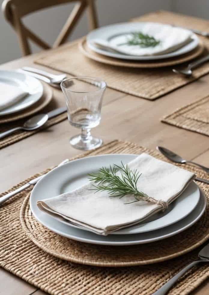 A wooden table set for four with woven placemats, white plates, cutlery, clear glasses, and beige napkins topped with a sprig of greenery.