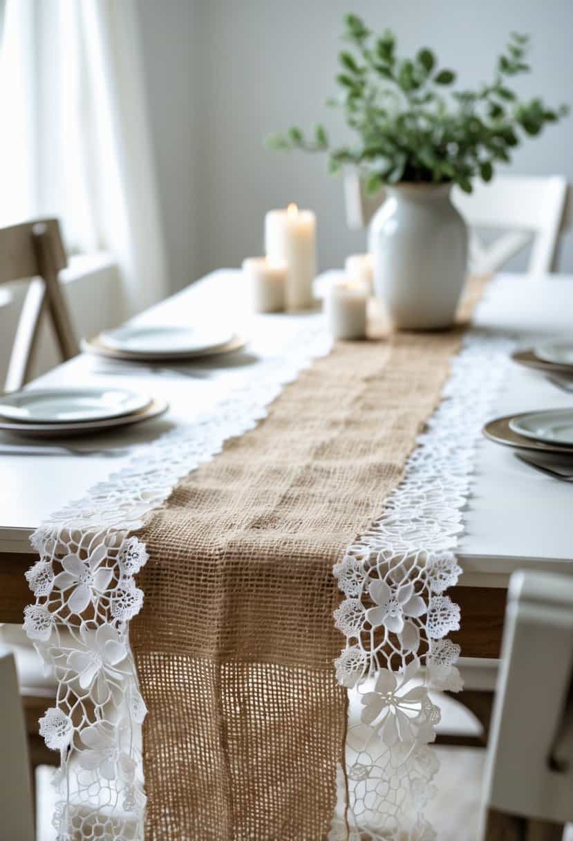 A table with a layered burlap and lace table runner, decorated with a vase of greenery and small candles.