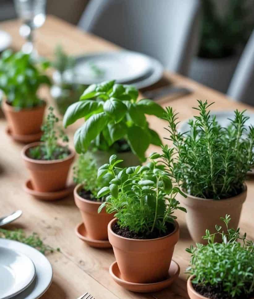 Several small potted herb plants are arranged on a wooden dining table set with plates and cutlery.