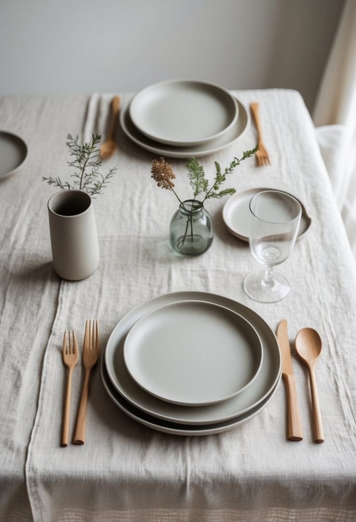 A neatly set dining table with neutral-colored plates, wooden cutlery, a glass, and small vases with simple greenery on a light tablecloth.